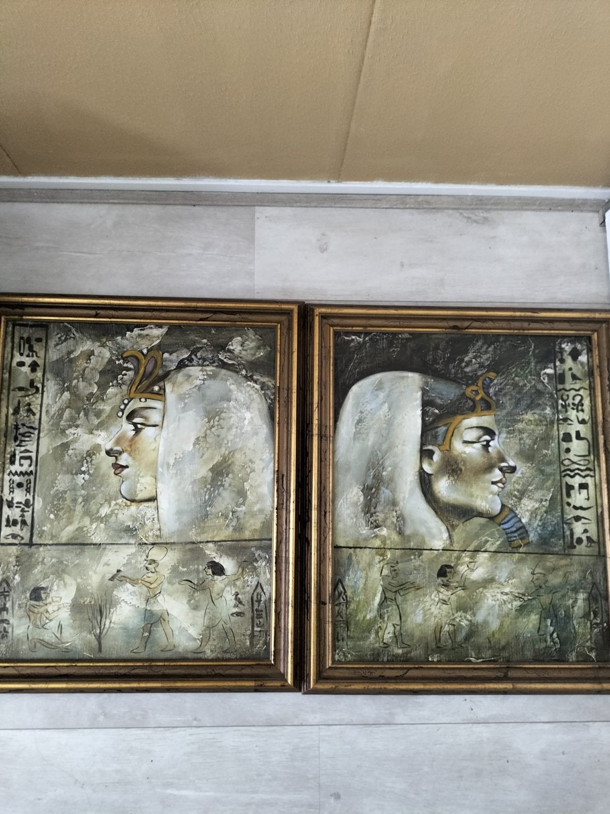 2 Egyptische schilderijen op linnen, ingelijst, Ophalen of Verzenden