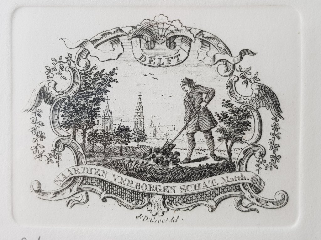 Mooie originele oude ingelijste ets van Delft 18,7 cm., Ets, Stadsgezicht, Ophalen of Verzenden, Genummerd