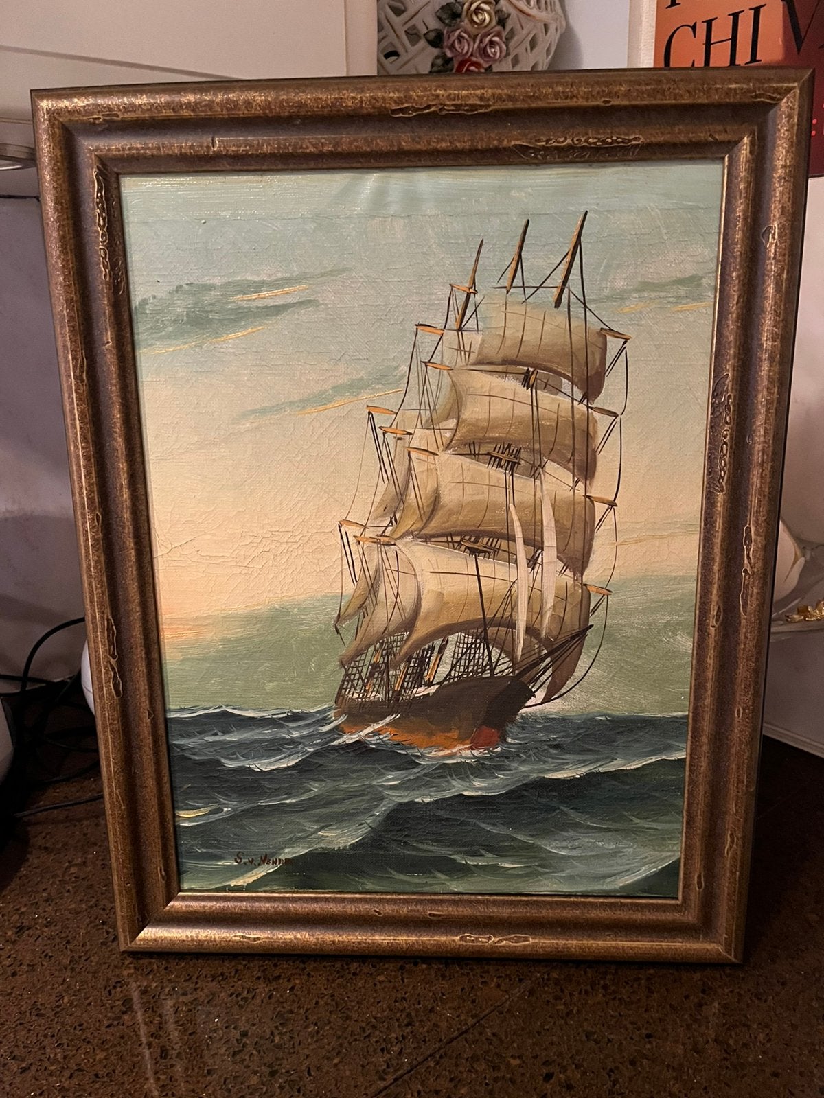 Oud olieverf zee met boot schilderij, Antiek en Kunst, Ophalen