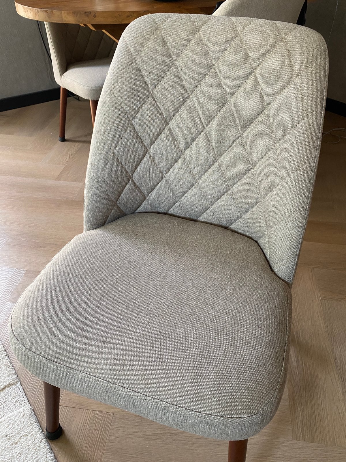 Eethoekstoelen, beige/taupe met bewerkte rugleuning, Ophalen, Gebruikt, Minder dan 75 cm, Stof
