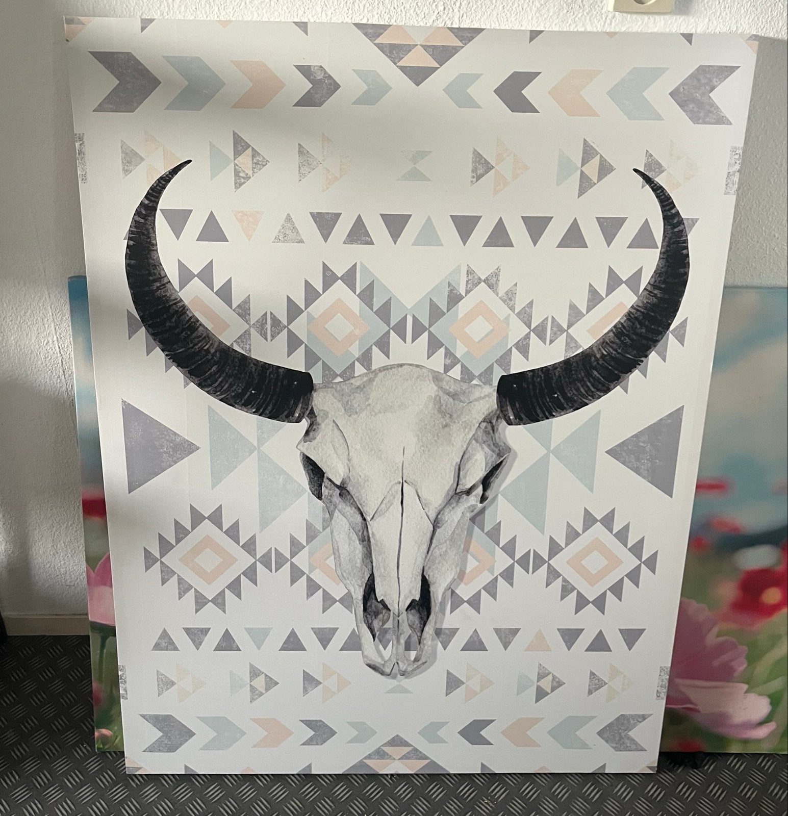 Wanddecoratie Buffelschedel met Azteekse patronen, Ophalen, 75 – 100, 50 tot 75 cm, Print