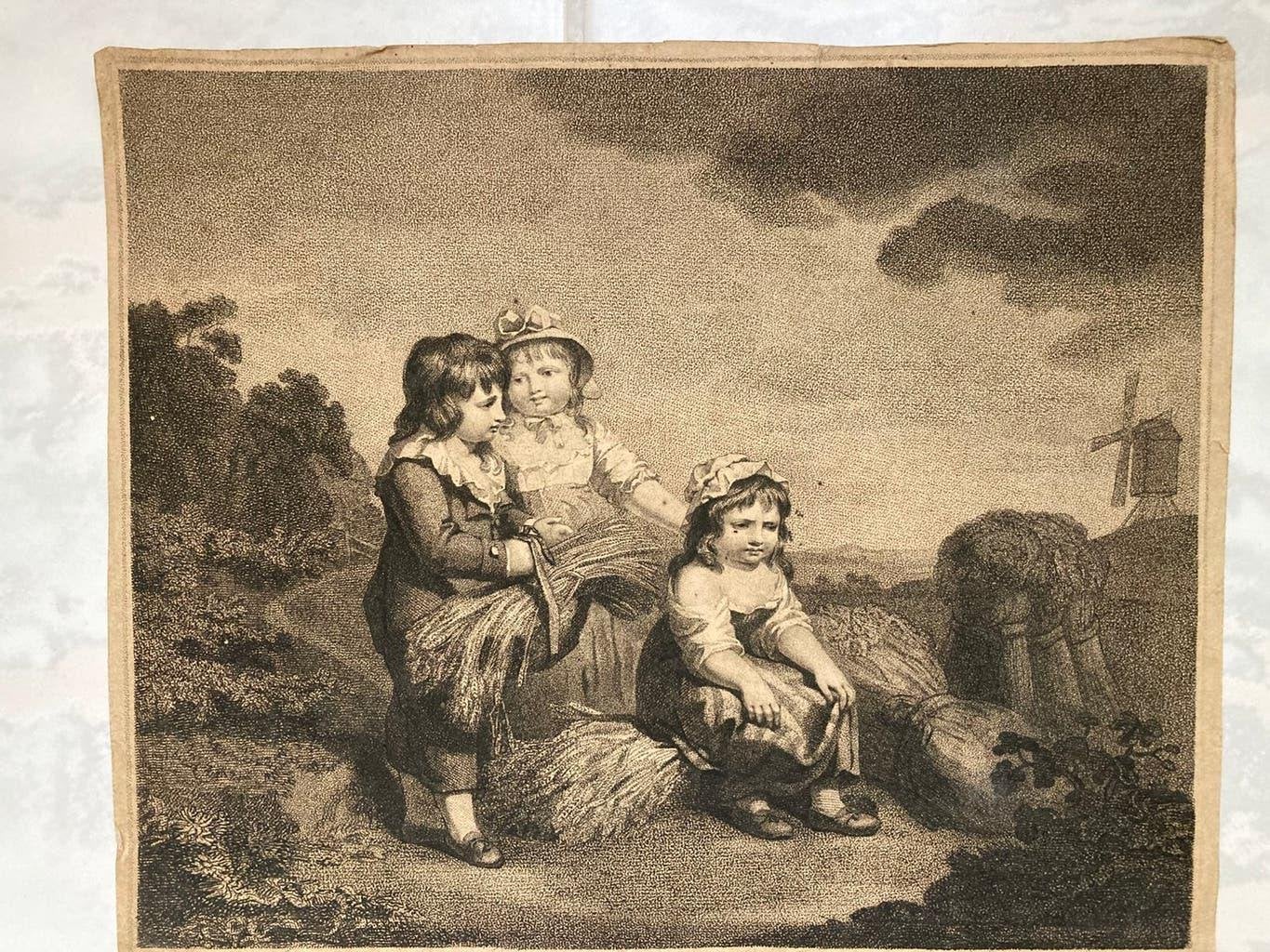 Antieke gravure:  3 kinderen op het platteland,  24x20cm., Antiek en Kunst, Dagelijks leven, Ophalen of Verzenden, 24 cm, 20 cm