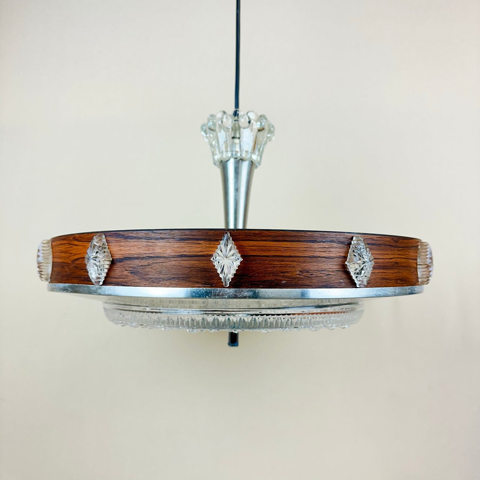 Vintage UFO Hanglamp Jaren 60/70 - Aluminium, Fineer, Glas, Ophalen of Verzenden