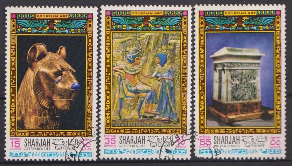 Sharjah 1968 Egyptische kunst schilderijen, Postzegels en Munten, Postzegels | Thematische zegels, Verzenden, Gestempeld, Koningshuis