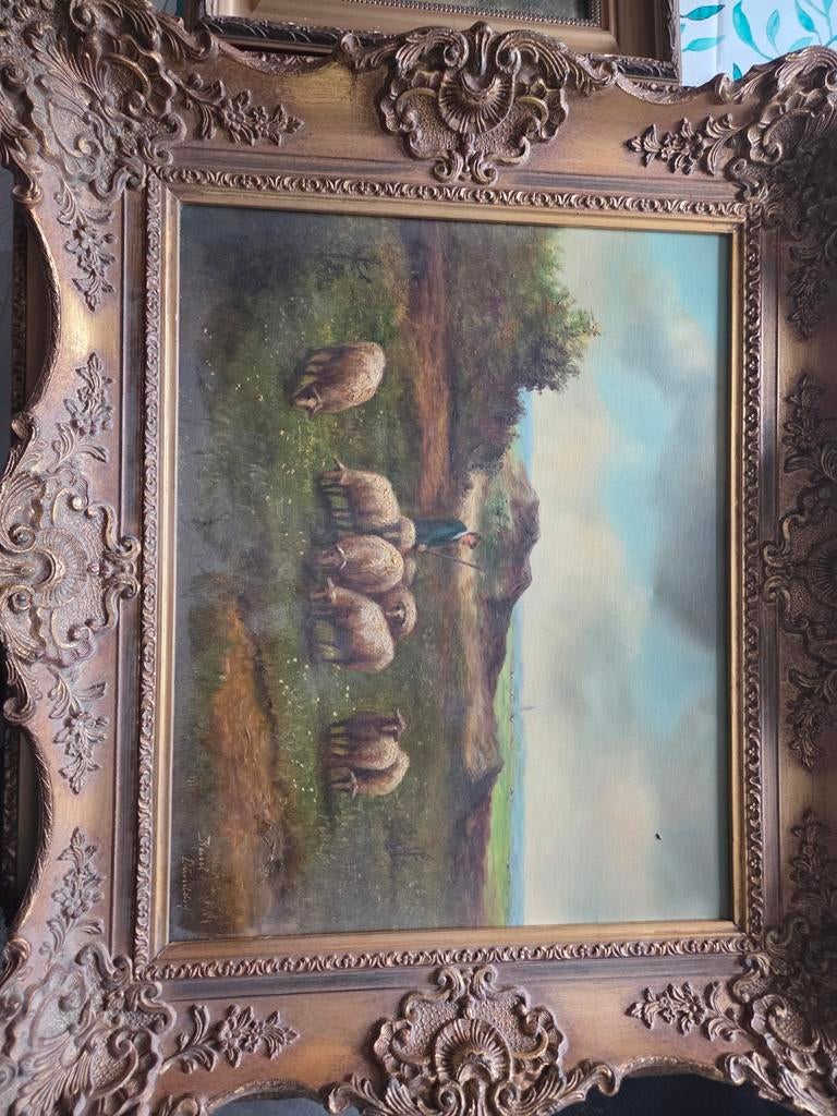 Oud schilderij met schapen en herder in sierlijke lijst, Ophalen