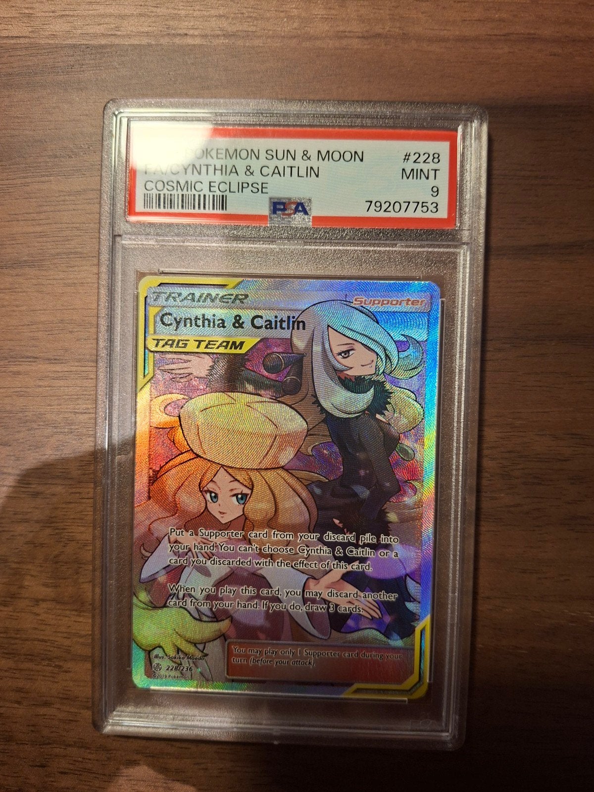 Pokémon Cynthia & Caitlin PSA 9 Mint Cosmic Eclipse, Ophalen of Verzenden, Zo goed als nieuw, Losse kaart, Foil