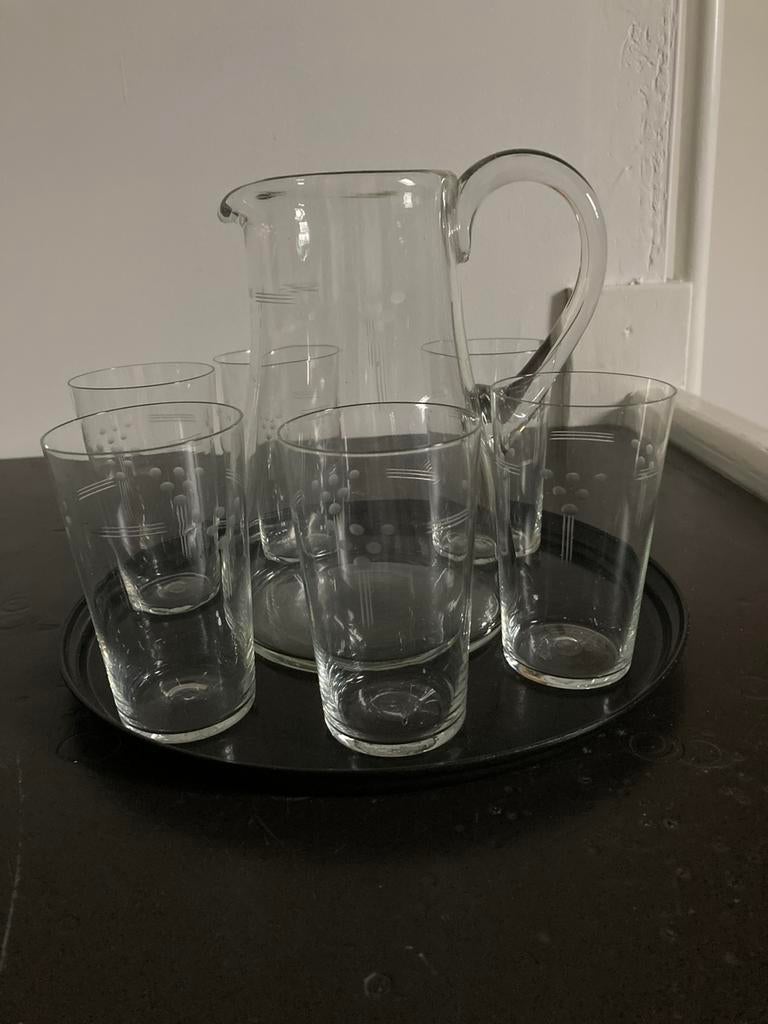 Antieke schenkkan met 6 dunne geslepen/versierde glazen, Antiek en Kunst, Antiek | Glas en Kristal, Ophalen