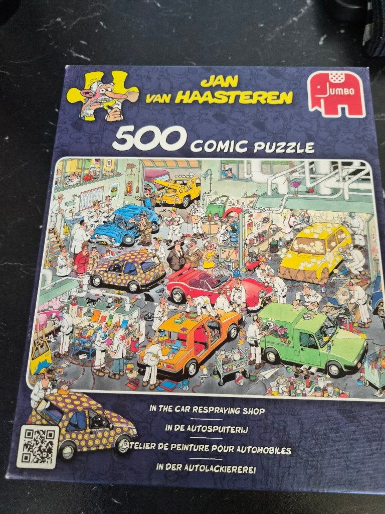Jan van Haasteren "In de Autospuiterij" 500 stukjes, Ophalen of Verzenden, 500 t/m 1500 stukjes, Zo goed als nieuw, Legpuzzel