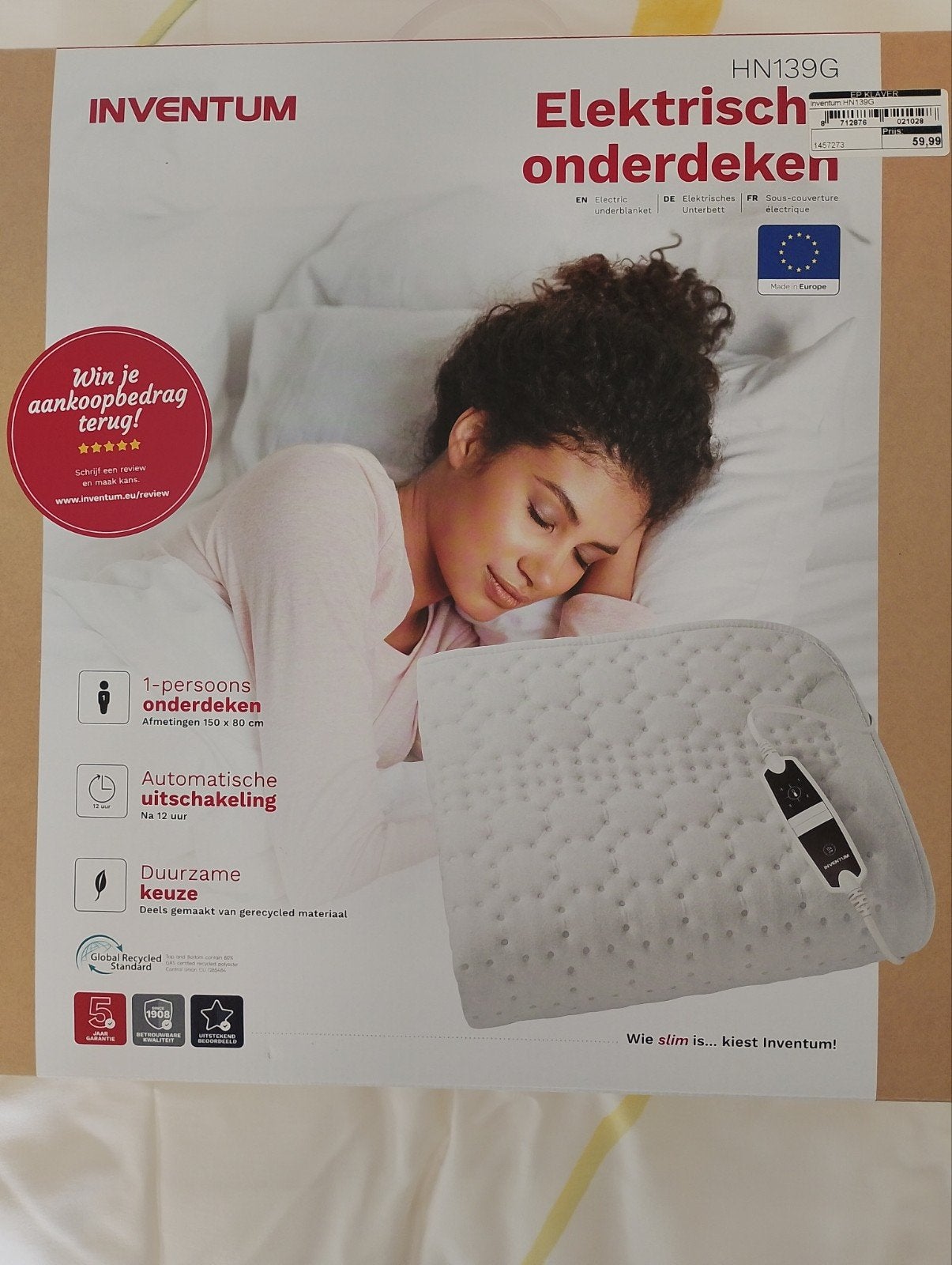 Te koop, Inventum nieuwe elektrische deken., Huis en Inrichting, Anti-allergisch, Eenpersoons, Wit, Nieuw