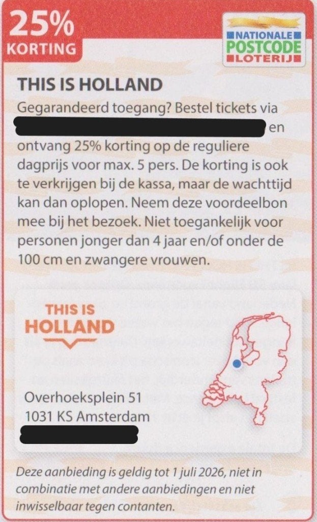 THIS IS HOLLAND. Amsterdam. 25% korting. Postcodeloterij bon, Tickets en Kaartjes, Recreatie | Pretparken en Attractieparken, Drie personen of meer