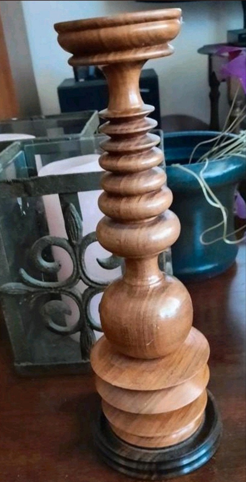 Vintage bruine houten gedraaide kandelaar/lampenvoet 30 cm, Verzenden, Overige materialen