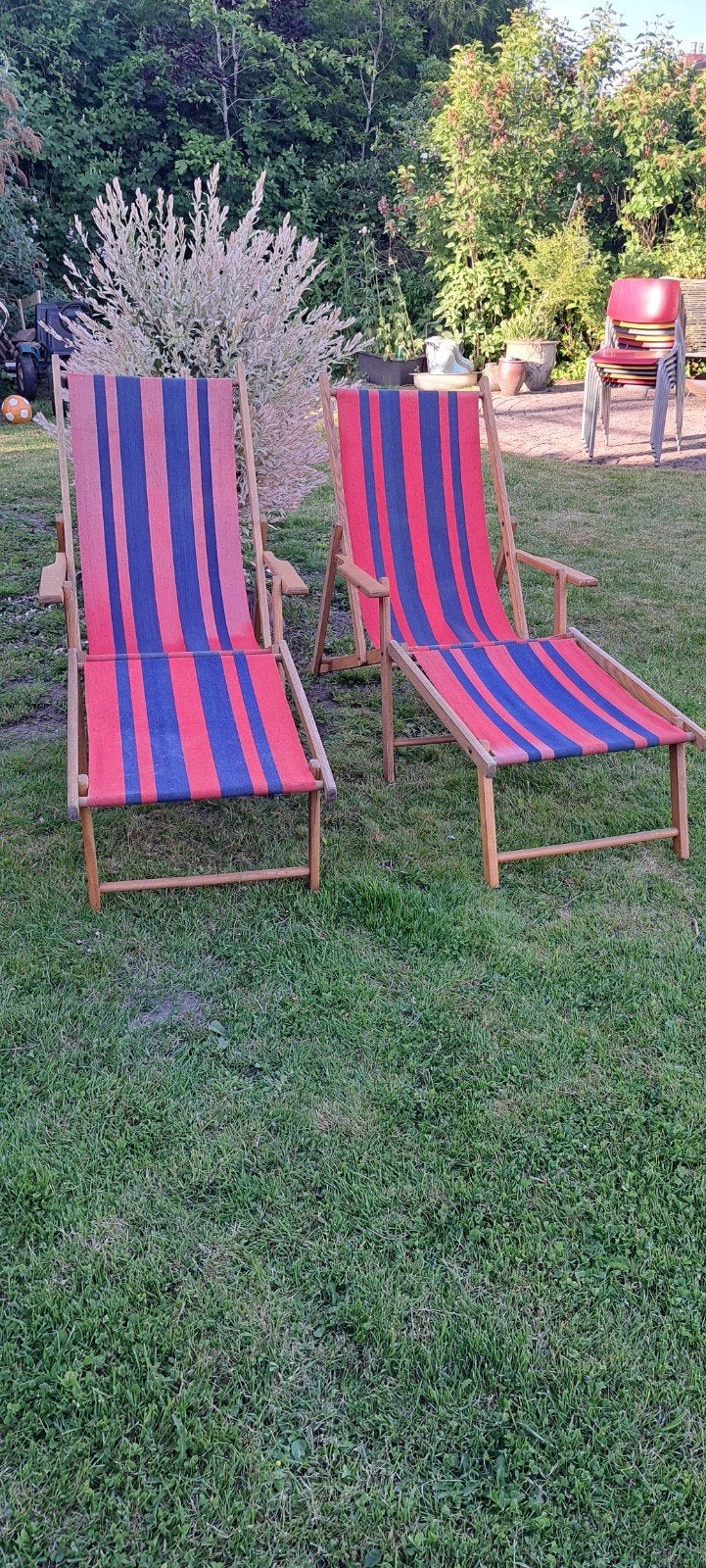 Twee vintage strandstoelen met voetenbankje, Ophalen of Verzenden, Gebruikt, Hout, Verstelbaar