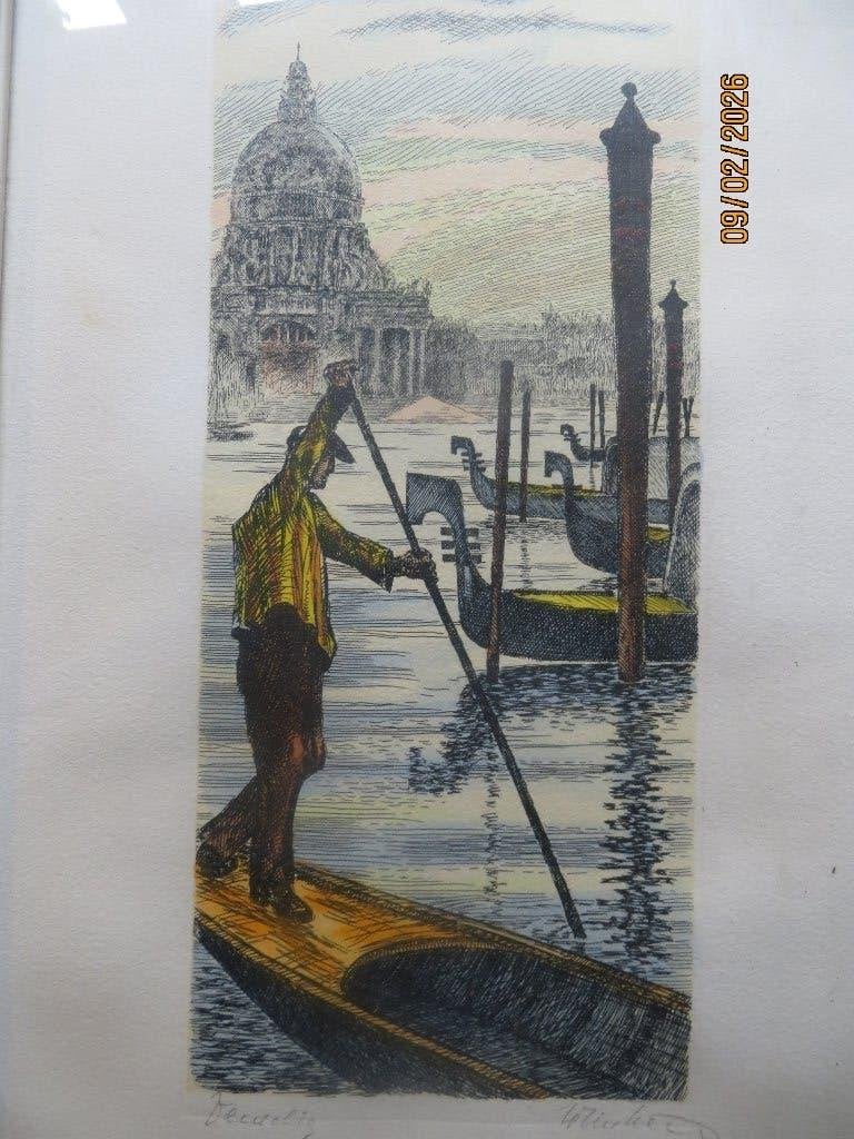 Venetie, Mooie Kleur ets GONDELIER en Santa Maria gesigneerd, Antiek en Kunst, Ophalen of Verzenden, Dagelijks leven, Ets, 1950 - 1999