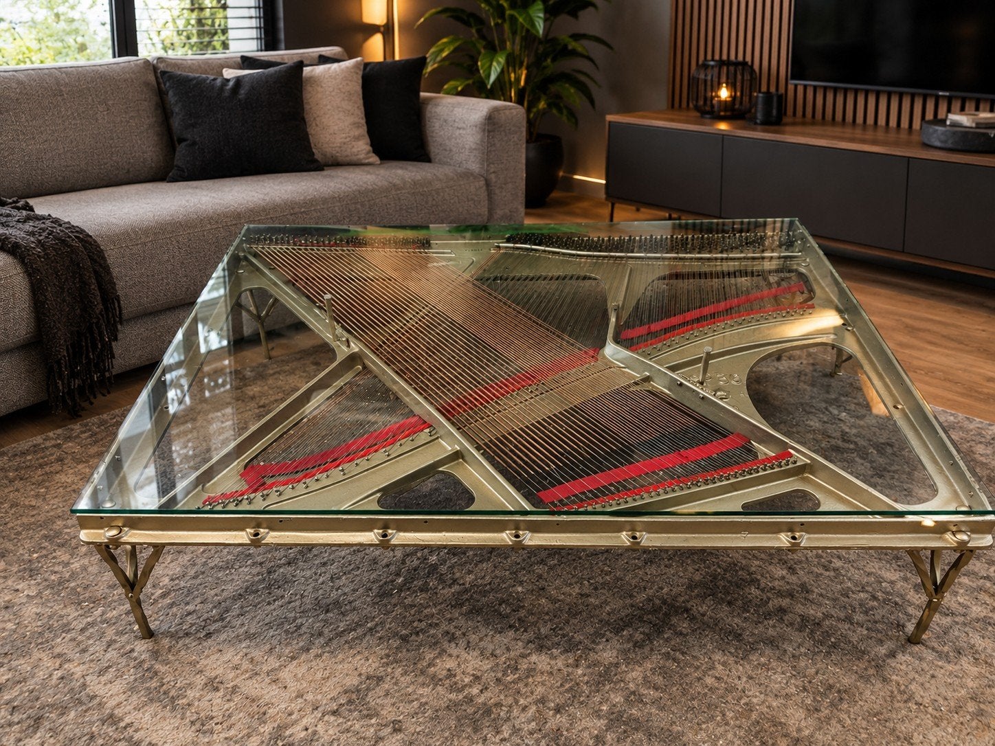 Unieke Salontafel van Piano Harp - Industriële Stijl, Gebruikt, Ophalen of Verzenden, Glas, Industrieel, Upcycled, Modern