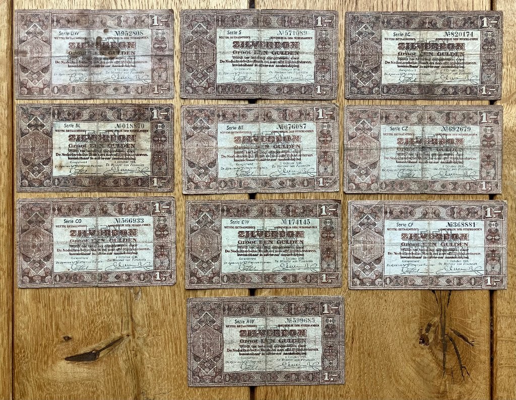 10 x 1 gulden 1938 Zilverbon, Ophalen, 1 gulden, Setje
