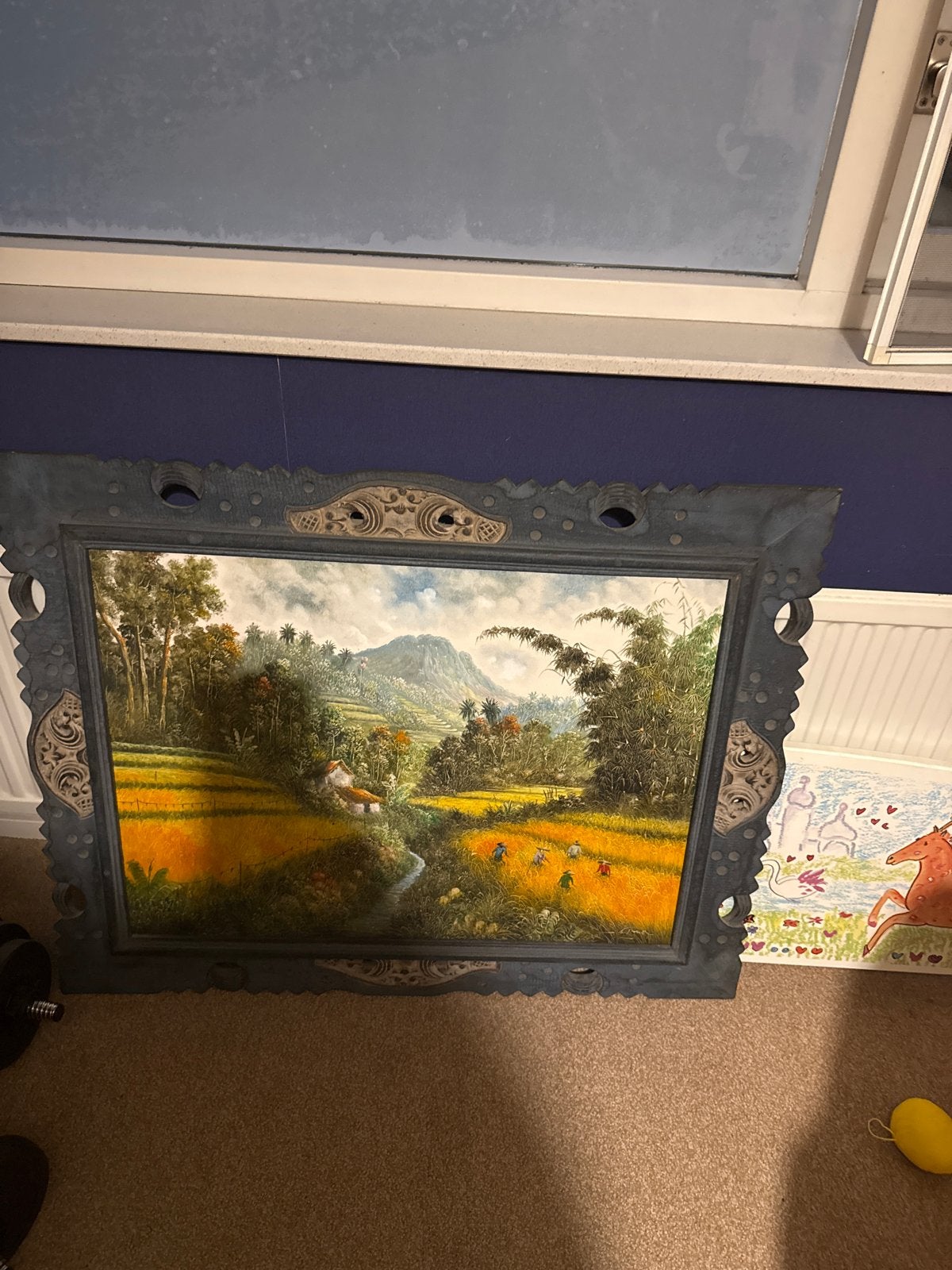 Schilderij: Tropisch Landschap met Rijstvelden en Bergen, Doek, Realistisch, Ophalen of Verzenden, Olieverf