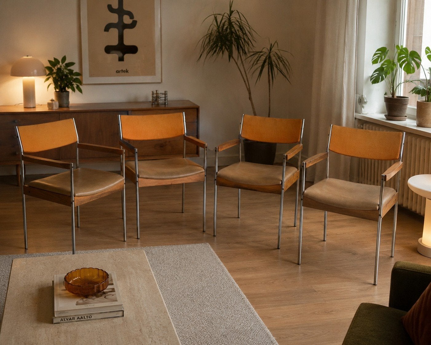 Vintage design thereca stoelen, Ophalen, Gebruikt, Bruin, Stof