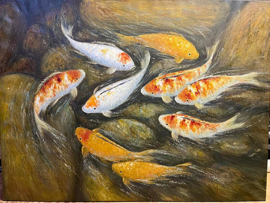 Origineel schilderij uit Bali met koikarpers, Antiek en Kunst, Ophalen