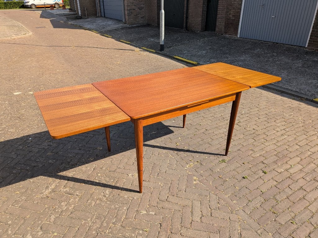 Vintage Deense Teak Eettafel Uitschuifbaar Jaren 60 MCM, Ophalen, Teakhout, 200 cm of meer, 50 tot 100 cm