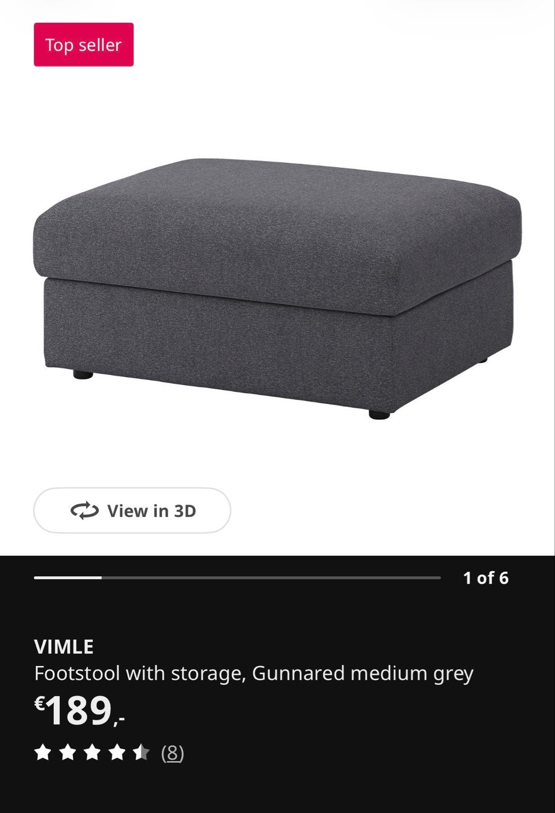 Ikea Vimle Voetenbank met opbergruimte, Gunnared middengrijs, Ophalen, Vierkant, Zo goed als nieuw, 75 tot 100 cm