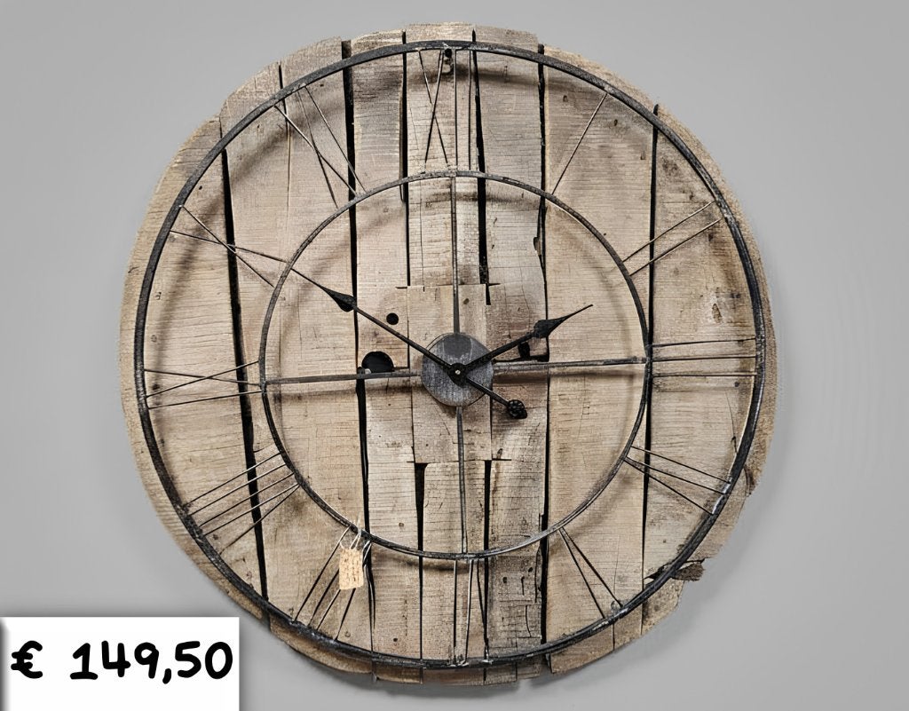 XXL Industriële Wandklok Oud Hout & Ijzer - Ø 82 cm, Ophalen, Nieuw, Analoog, Wandklok