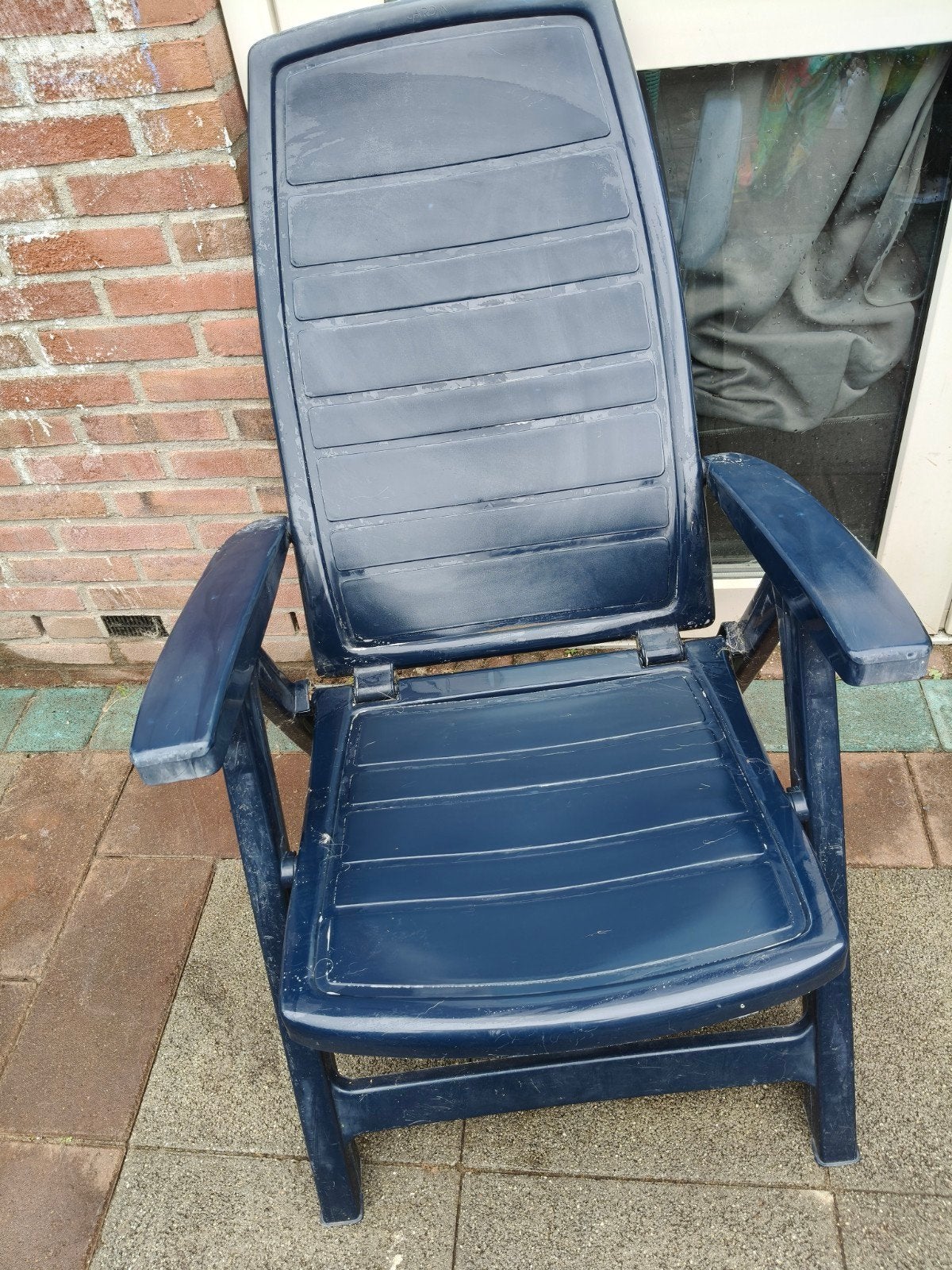 Verstelbare kunststof tuinstoel, donkerblauw 3 stuks, Ophalen, Gebruikt, Kunststof, Verstelbaar