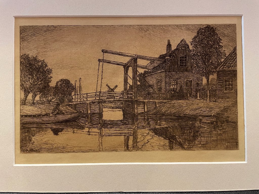 Matthes, P. (1872-1956) - Ets met ophaalbrug - bootje, Antiek en Kunst, 22 cm, Ophalen of Verzenden, Gesigneerd, Landschap