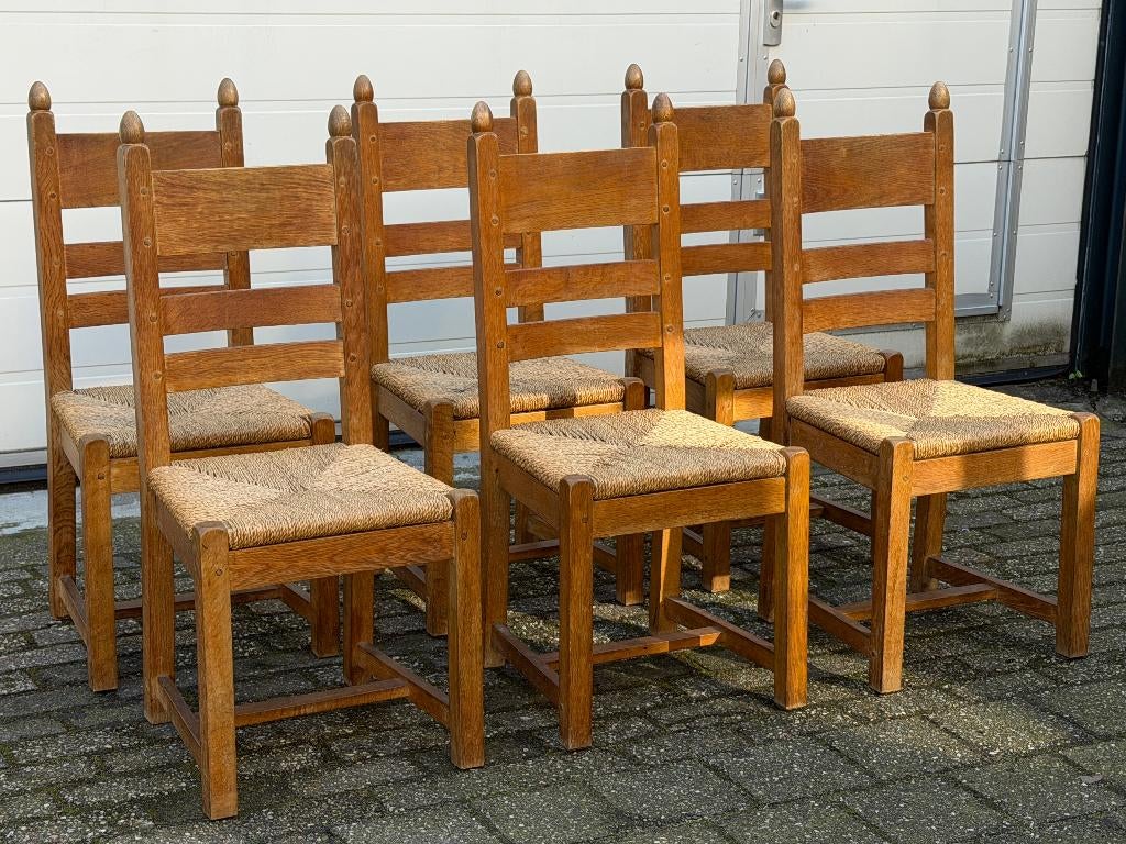 Eiken Kloosterstoelen Papercord Brutalistisch Vintage, Huis en Inrichting, Stoelen, Ophalen, Retro Vitra Eames Cassina Wegner Getama De Puydt Brocante