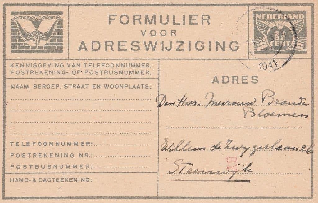 SDANTPOORT 1941 Verhuisbericht GUALTHERIE van WEEZEL, Ophalen of Verzenden, Voor 1920, Gelopen, Noord-Holland