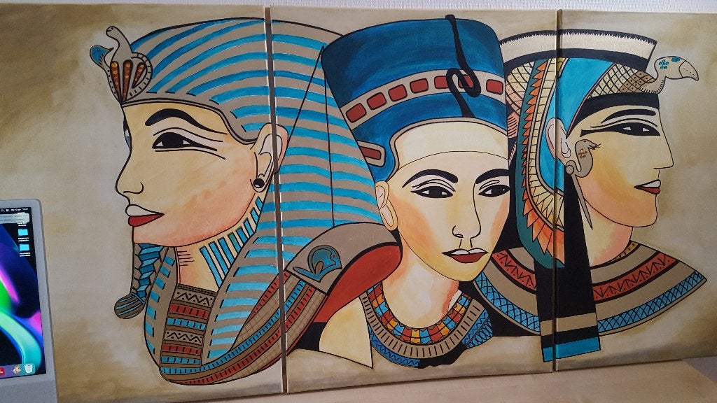 3-luik schilderij Egyptische figuren 180x80 cm, Antiek en Kunst, Kunst | Schilderijen | Klassiek, Ophalen, Doek, Realistisch, Olieverf