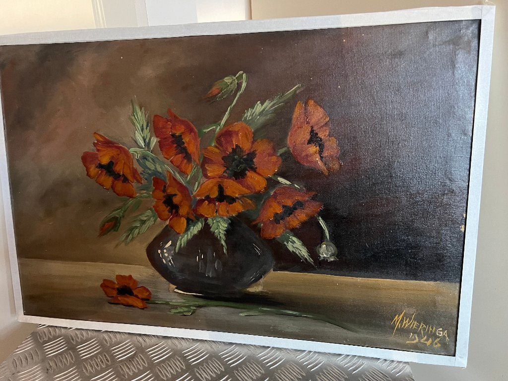 Schilderij stilleven bloemen "klaproos" in een vaas, Ophalen of Verzenden, Textiel, Olieverf, Bloemen