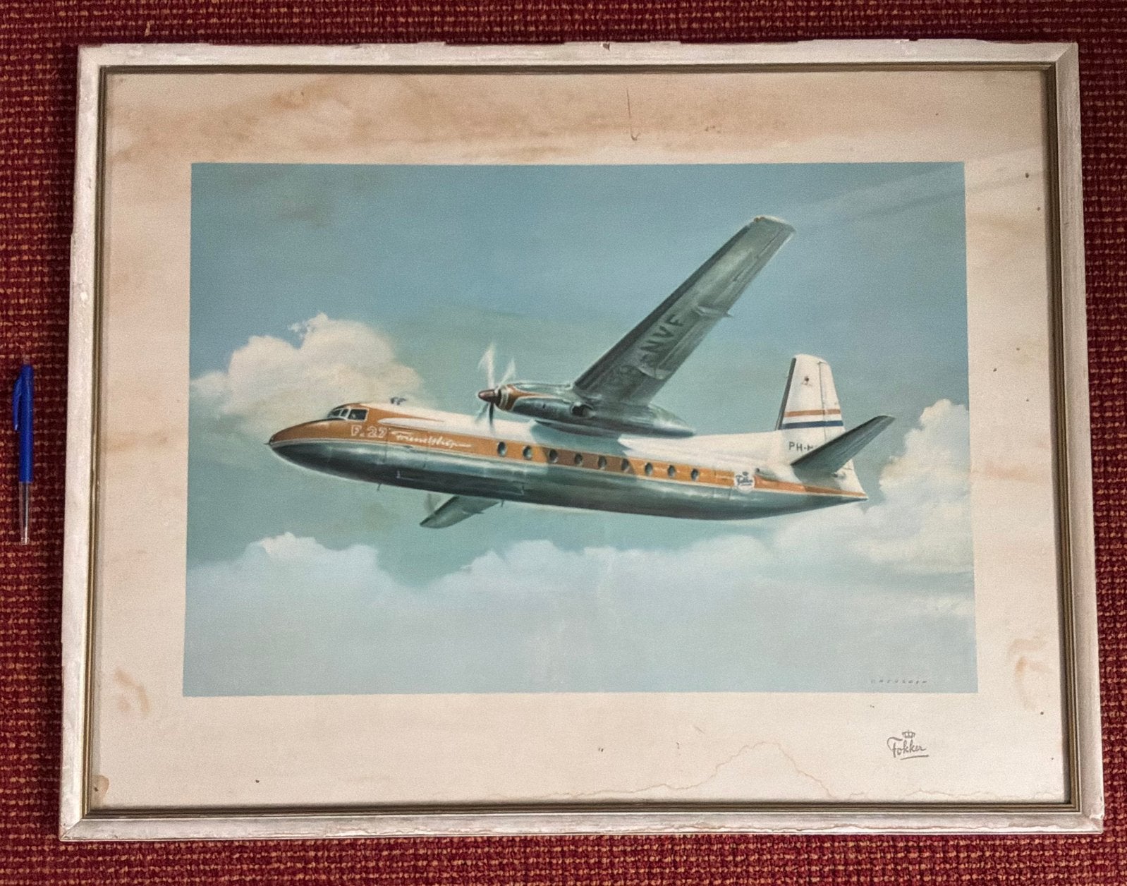 Oude getekende prent/ affiche F-27 uitgave Fokker, Ophalen of Verzenden, Zo goed als nieuw, Kaart, Foto of Prent