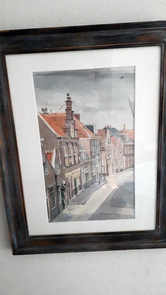 INGELIJSTE AQUAREL LEIDEN, Antiek en Kunst, Kunst | Schilderijen | Klassiek, Ophalen