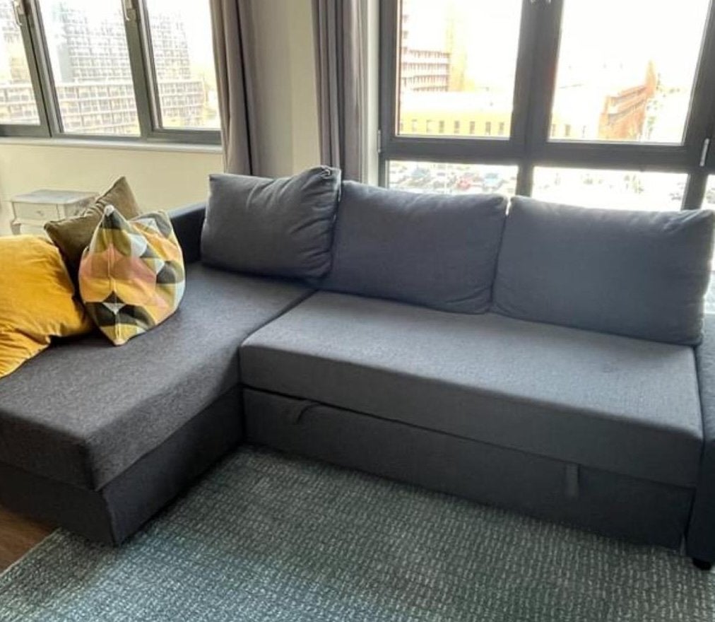 IKEA FRIHETEN hoekslaapbank met opberger - donkergrijs, Huis en Inrichting, Slaapkamer | Slaapbanken, Gebruikt, 140 cm, 220 cm