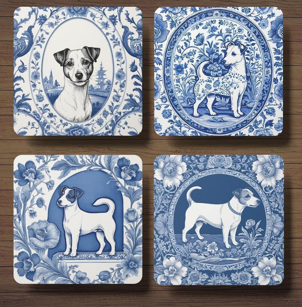 Jack Russell Terriër Delfts Blauw onderzetters met houder, Huis en Inrichting, Woonaccessoires | Onderzetters, Nieuw, Ophalen of Verzenden