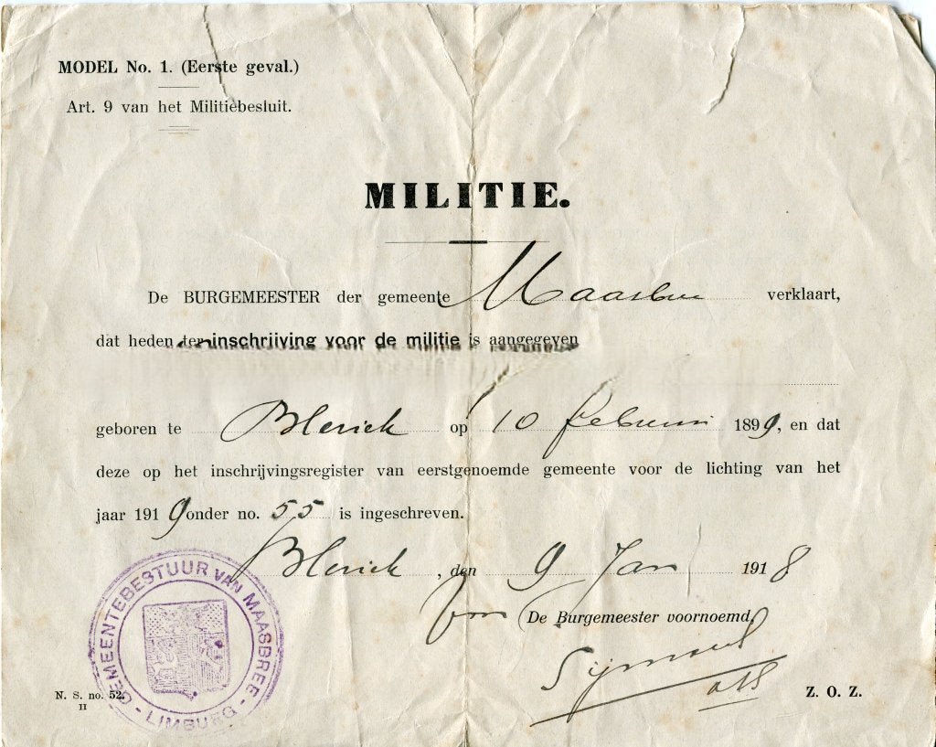 Militiebesluit Model No. 1. Maasbree. Op naam, gem Blerick., Ophalen of Verzenden, Landmacht, Nederland, Overige typen