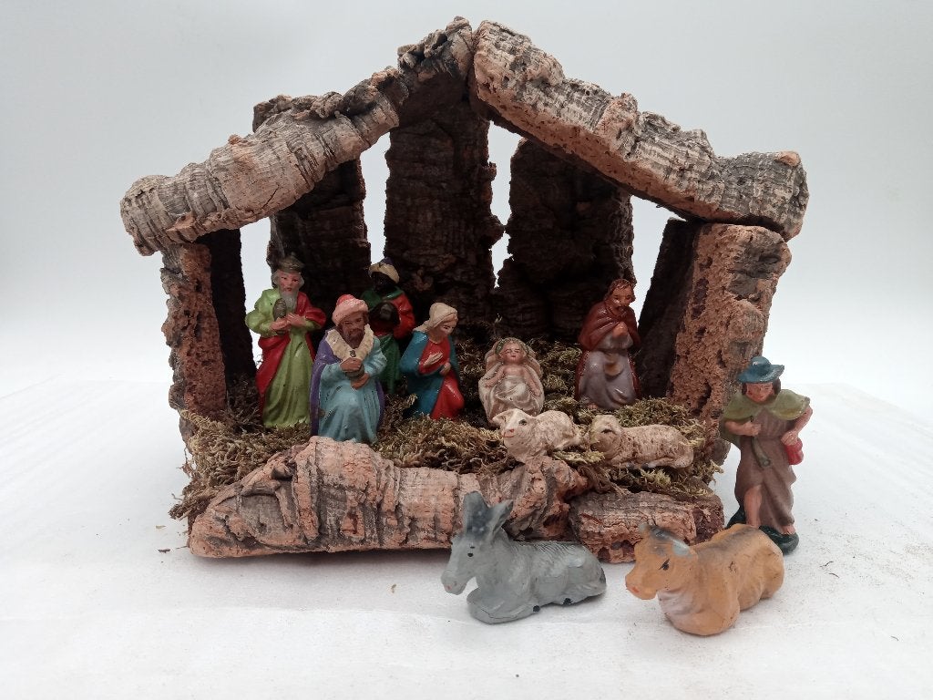 Mooie oude kerstgroep met kerststalletje van kurk, Ophalen of Verzenden, Gebruikt