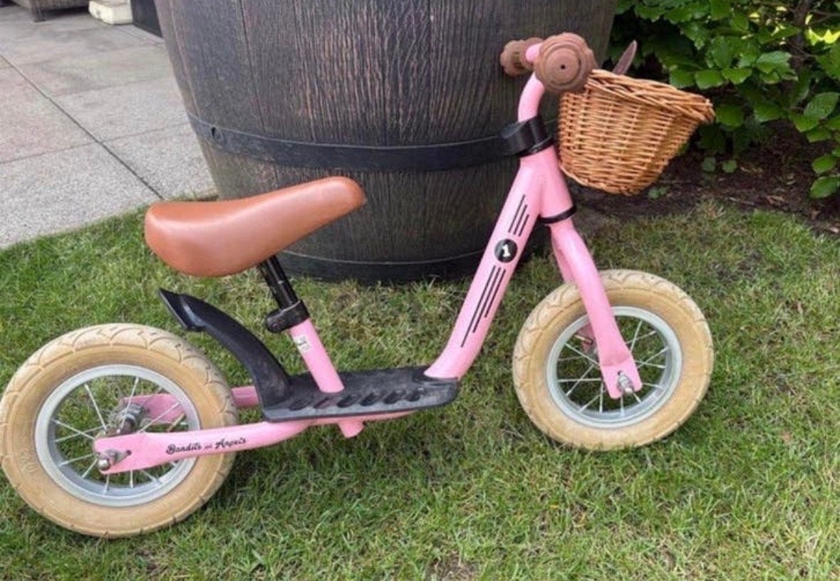 Roze retro loopfiets Bandits and Angels met mandje, Ophalen, Gebruikt, Loopfiets