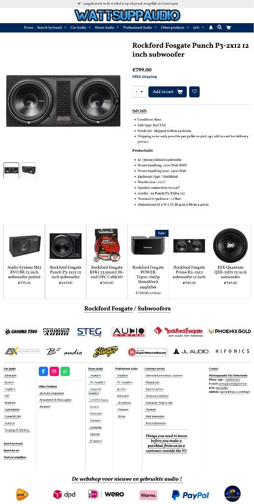 Rockford Fosgate Punch P3-2x12 12 inch subwoofer 2400W, Auto diversen, Autospeakers, Audio Design, Nieuw, Am Breilingsweg 3, 76709 Kronau, Duitsland