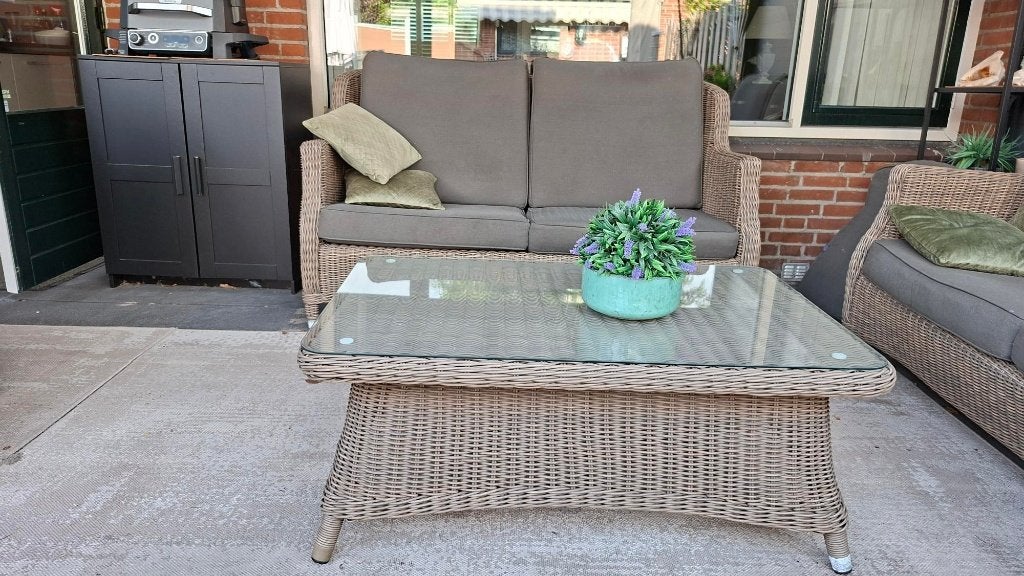 Luxe 4SO Brighton Wicker Bank en tafel met geharde glasplaat, Bank, Zo goed als nieuw, Loungeset, Wicker