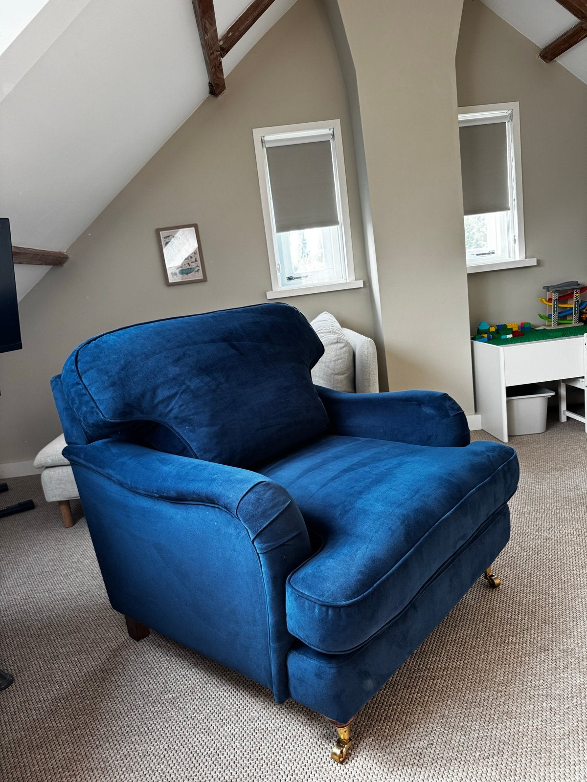 Grote blauwe fauteuil van Goossens, Huis en Inrichting, Fauteuils, Ophalen, Gebruikt, Stof, 75 tot 100 cm