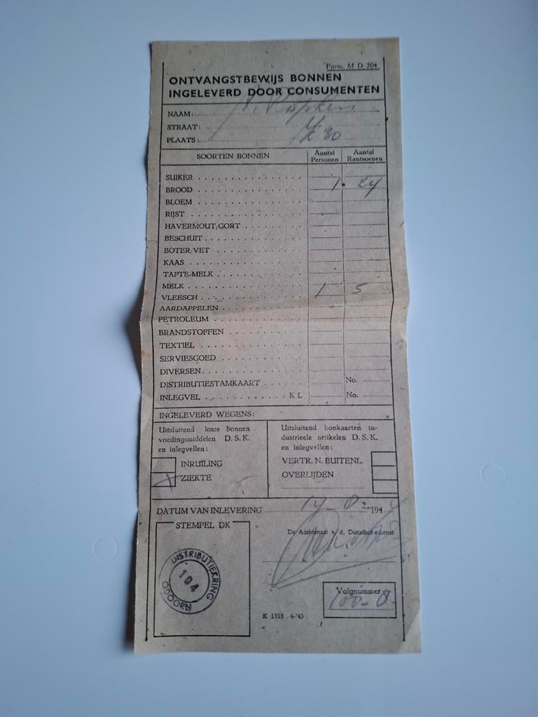 Gereserveerd bonkaart Odoorn document oorlog wo2, Verzamelen, Ophalen of Verzenden, Duitsland