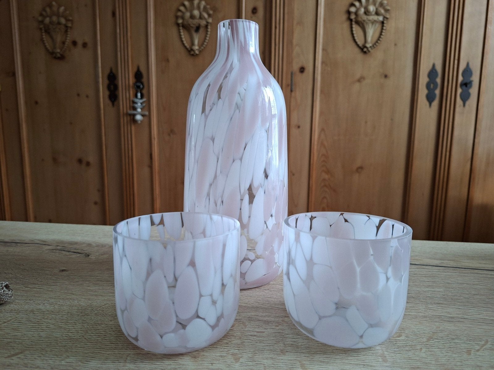 Glazen fles met 2 windlichten, Ophalen, Zo goed als nieuw, Roze, Glas