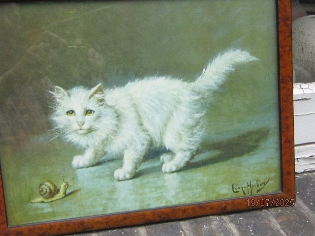 Leuke Litho/Prent van een Poes met een slak, Ophalen of Verzenden