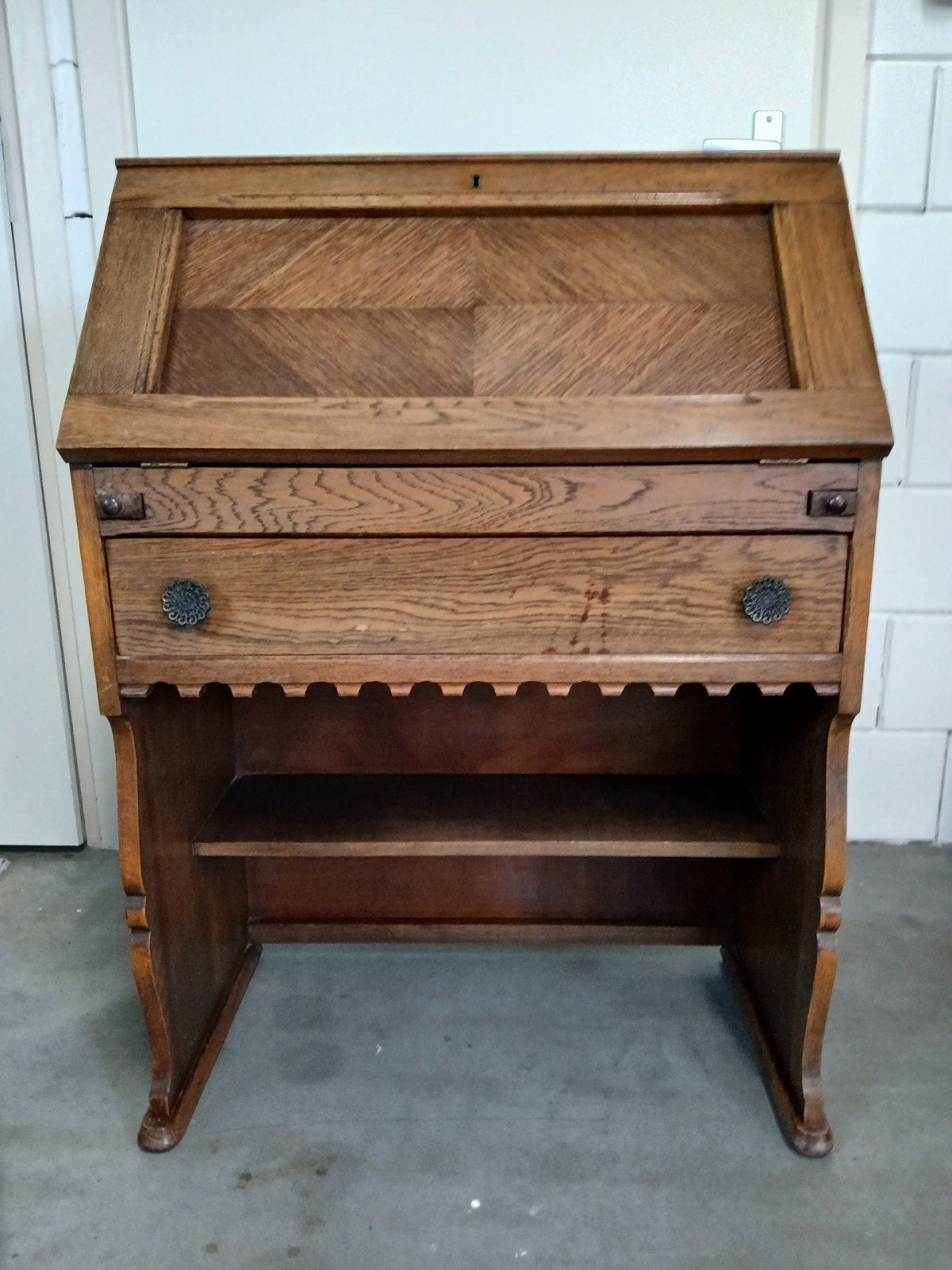 Antiek eiken secretaire met lade en opbergvakken, Ophalen, Zo goed als nieuw, Antiek