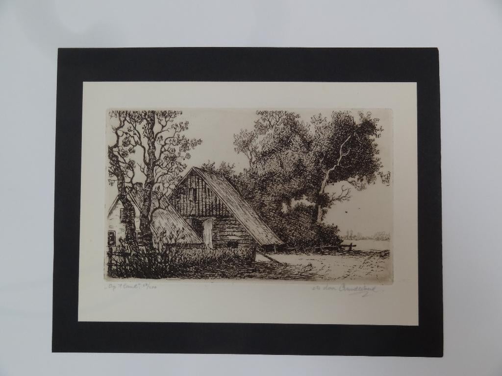 Fraaie ets titel Op t land, CM van der Woerd, 1901-1994, Antiek en Kunst, Architectuur, Origineel, 1950 - 1999, Verzenden