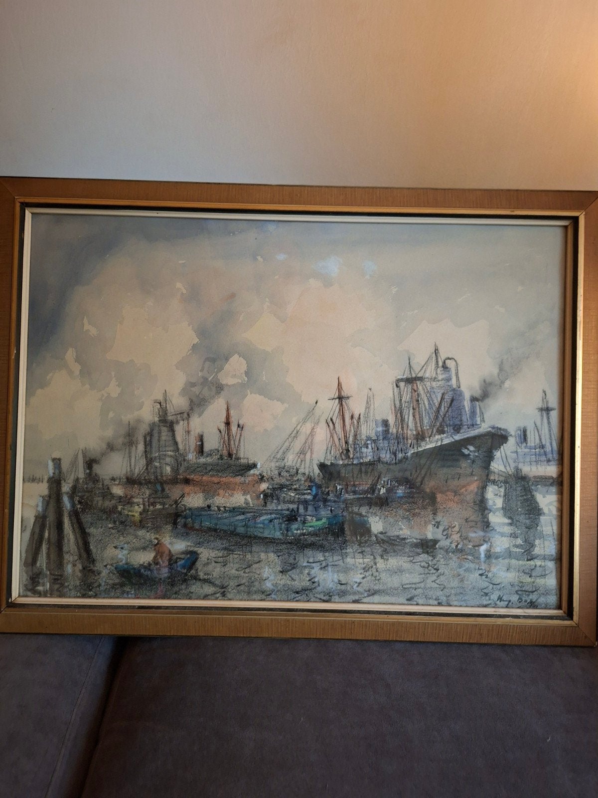Schilderij R,damse Haven,€ 200-,ZIE MIJN OVERIGE ADVERTENTIE, Maritiem / water, Realistisch, Ophalen of Verzenden, Papier