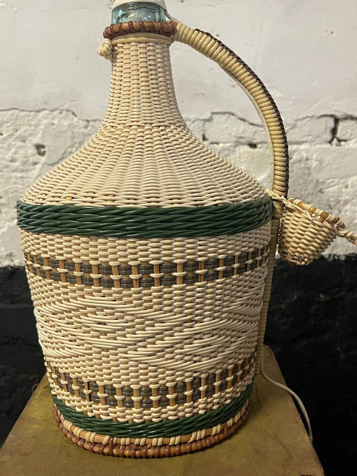 Vintage 70’s design Scoubidou lamp fleslamp creme groen, Gebruikt, Vintage, 30 cm, Wit