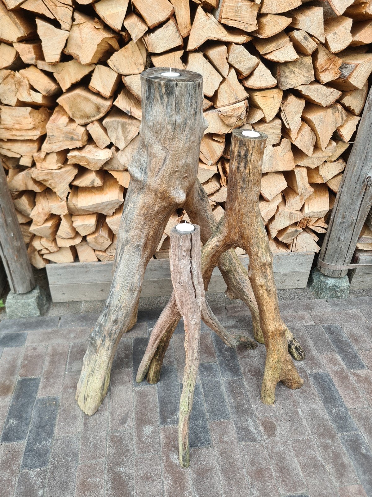 Set van 3 unieke houten kandelaars, Ophalen, Bruin, Overige merken, Zo goed als nieuw