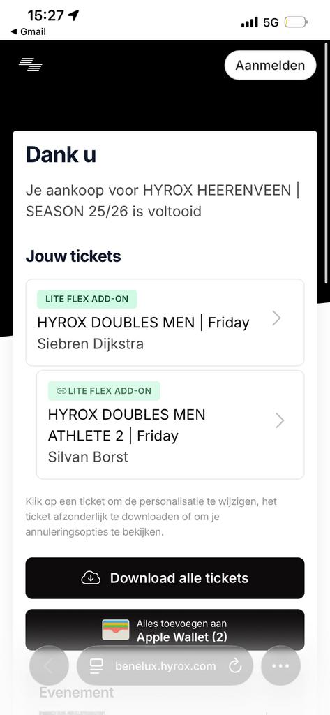 Hyrox Heerenveen - ruilen vr 15 mei -> do 14 mei men doubles, Twee personen